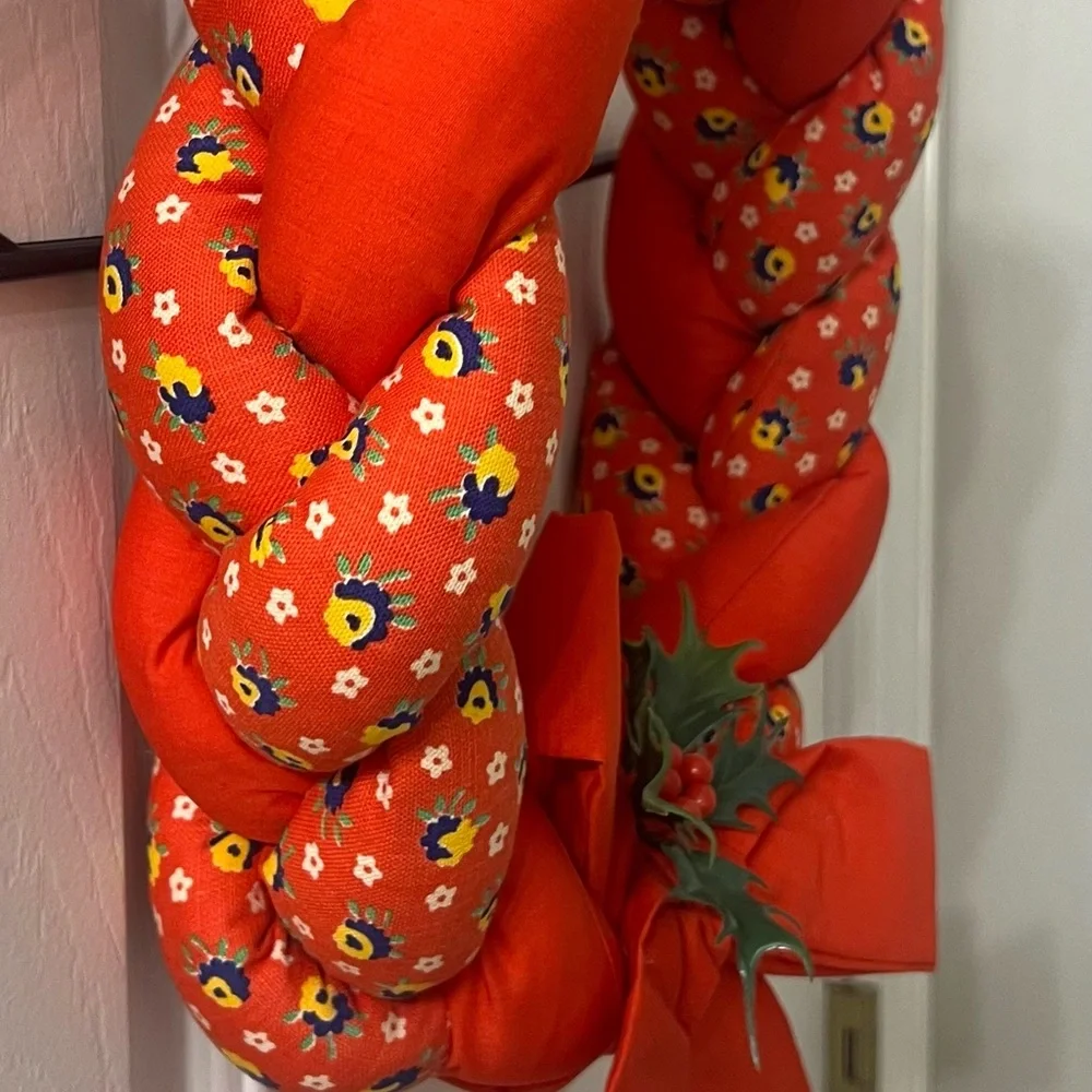 Vintage Red Handmade Braided Cotton Stuffed Christmas Red Bow Wreath 12”